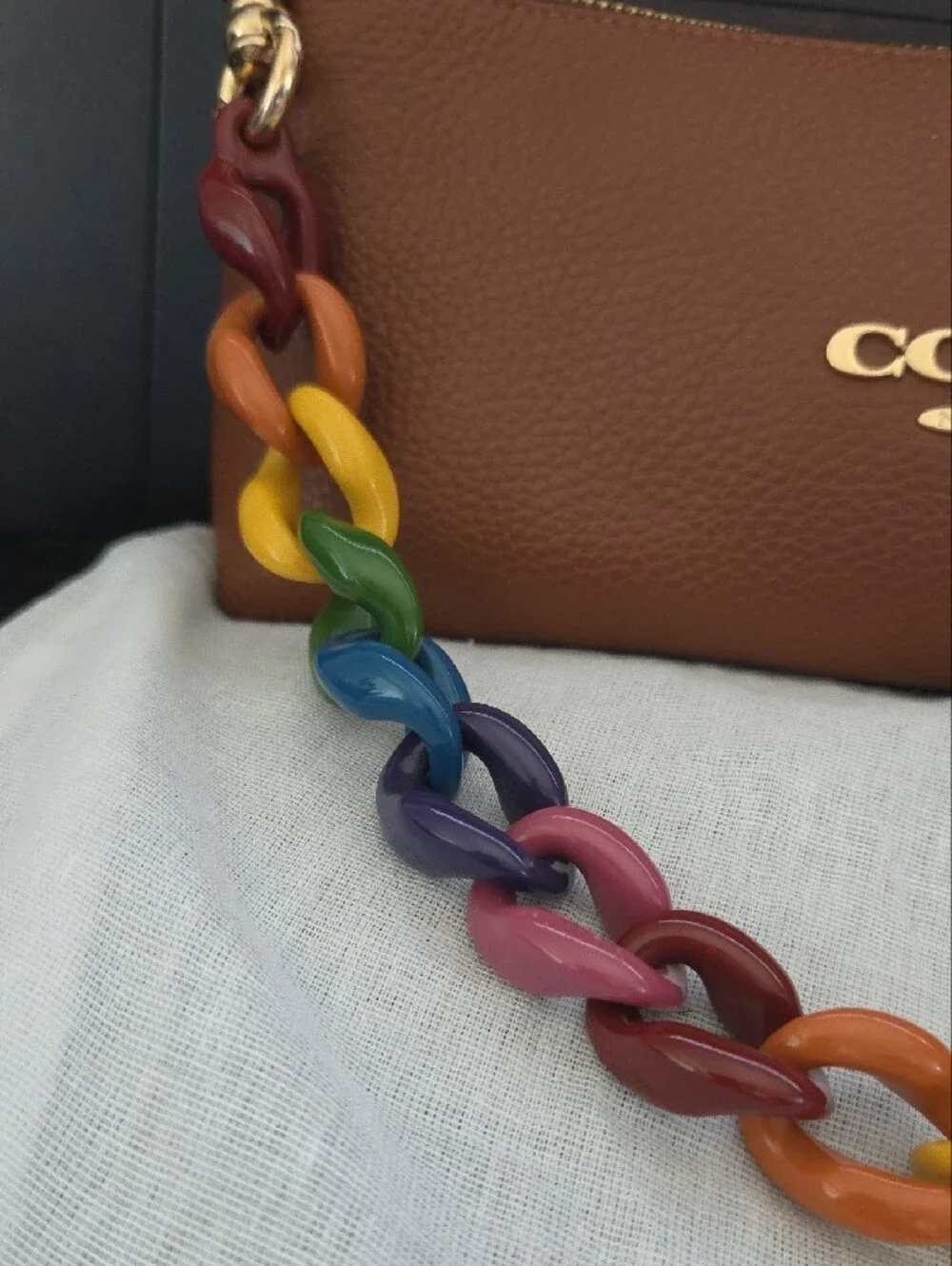 NWOT Coach Charlotte Shoulder Bag in Refined Pebble Leather with Rainbow Chain
